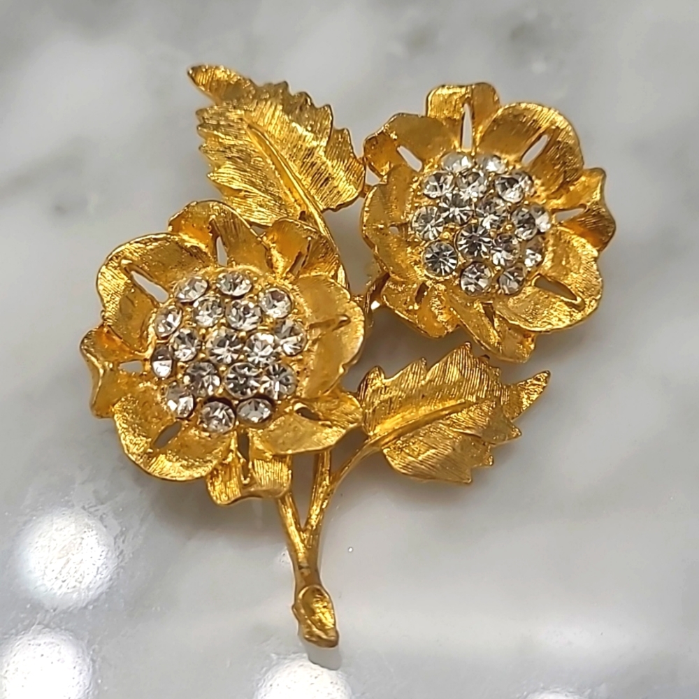 VTG Double Sunflower Brooch Pin Gold Tone